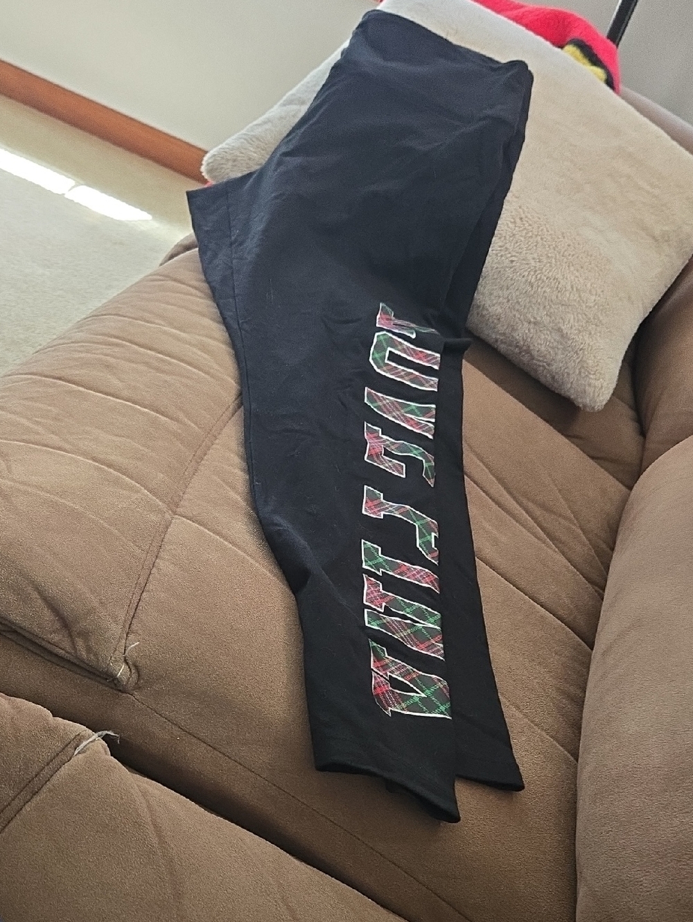 PINK Victoria's Secret Black Leggings with Red and Green Plaid Logo
